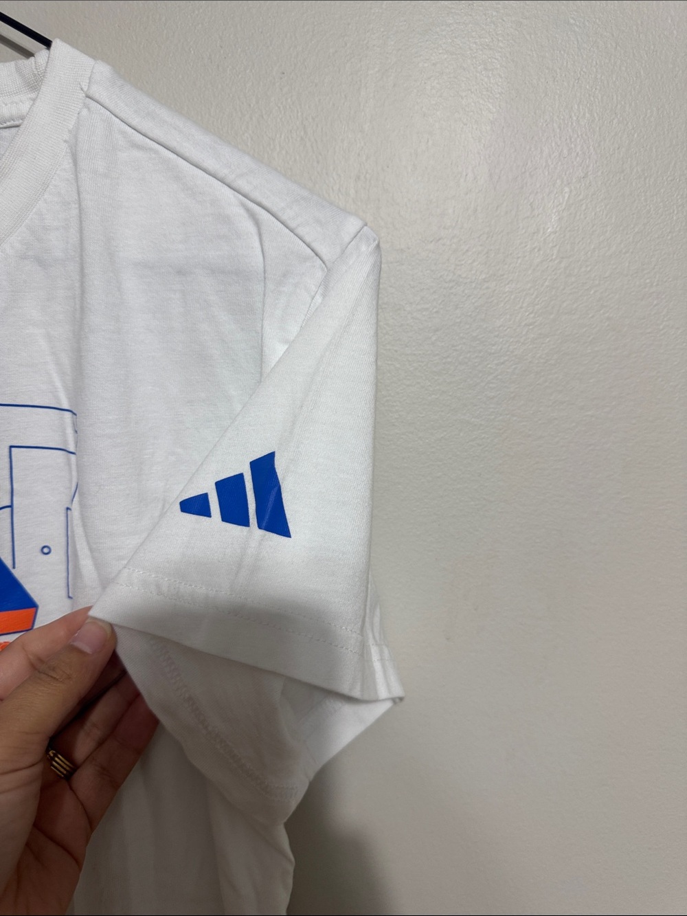adidas White Short Sleeve Tee with Blue & Orange Trefoil Graphic - Picture 5 of 6
